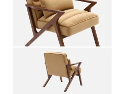 Sillón escandinavo de madera de hevea y terciopelo camel