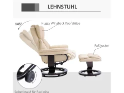 Sillón giratorio con otomana, función reclinable, piel sintética, color crema (80x79x100 cm)