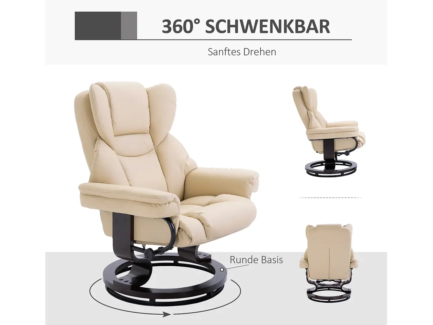 Sillón giratorio con otomana, función reclinable, piel sintética, color crema (80x79x100 cm)