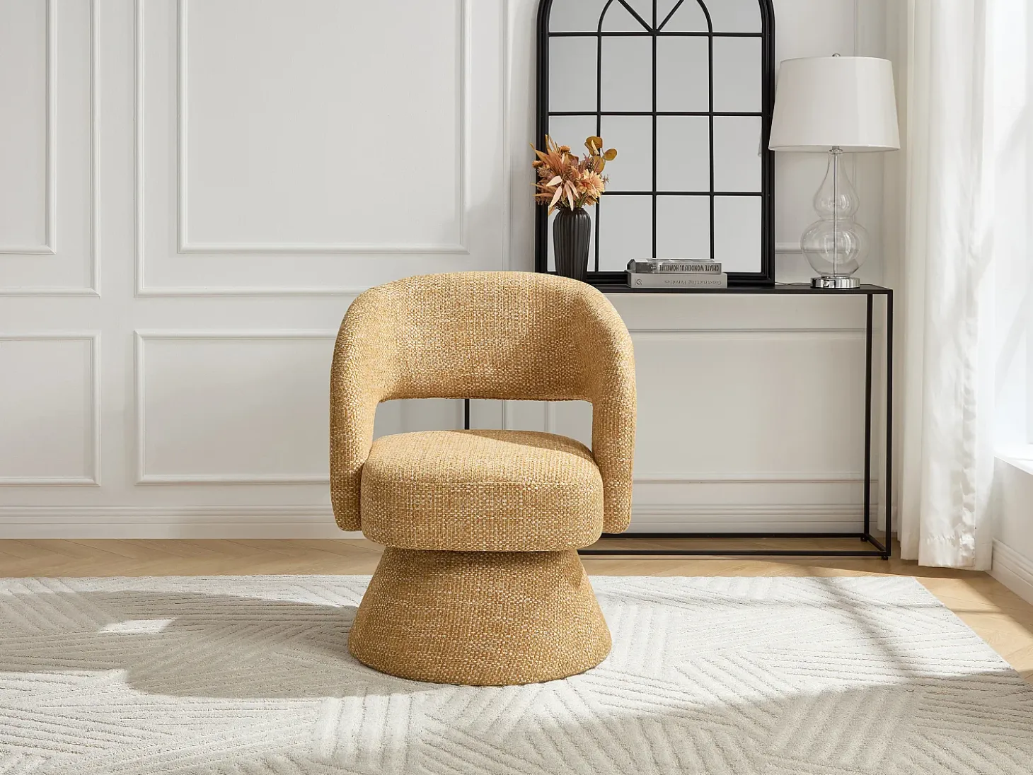 Sillón giratorio de tela texturizada amarillo mostaza NAROLIA