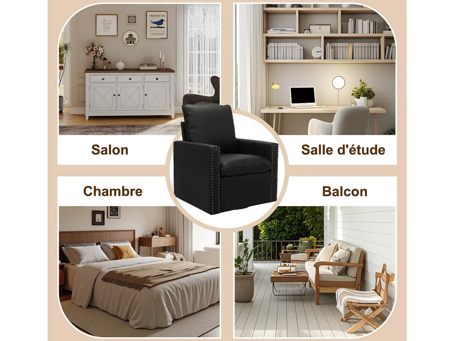 Sillón Individual Giratorio 360°, Butaca Relajante Giratoria con Reposacabezas para Sala de Estar, Dormitorio y Oficina, Grande y Cómodo - Negro