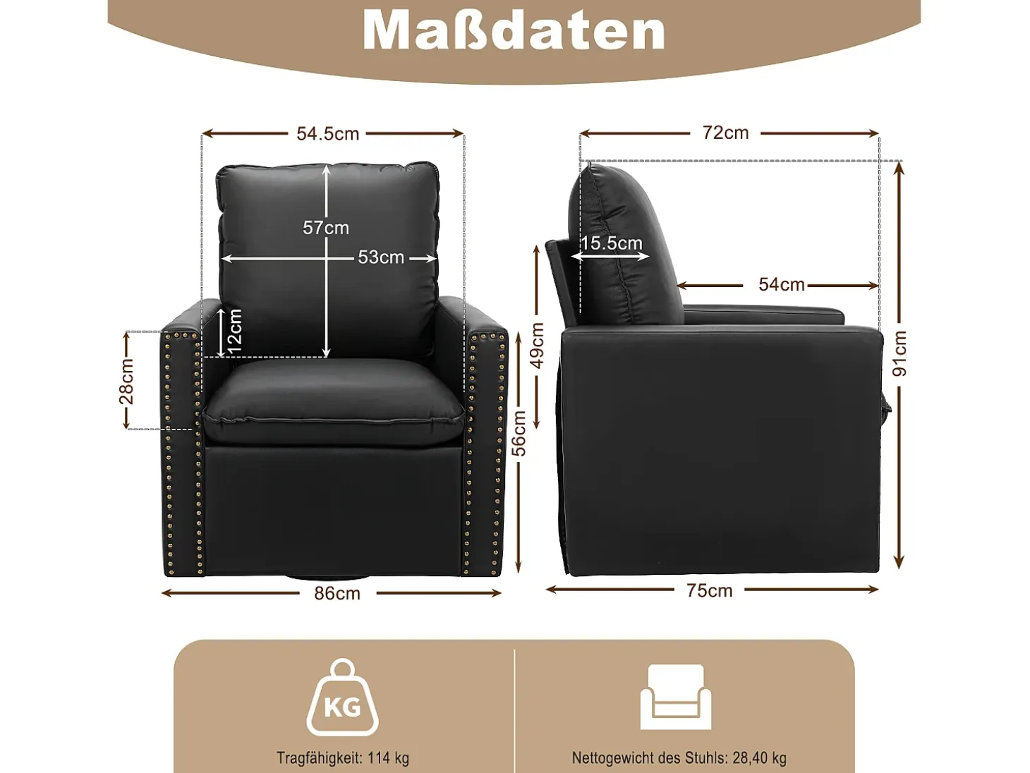 Sillón Individual Giratorio 360°, Butaca Relajante Giratoria con Reposacabezas para Sala de Estar, Dormitorio y Oficina, Grande y Cómodo - Negro