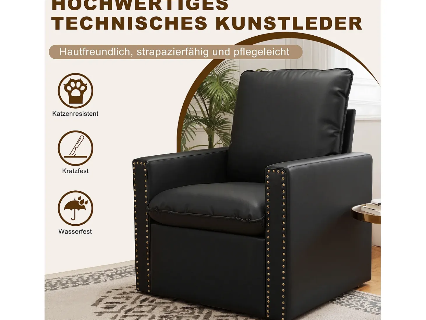 Sillón Individual Giratorio 360°, Butaca Relajante Giratoria con Reposacabezas para Sala de Estar, Dormitorio y Oficina, Grande y Cómodo - Negro