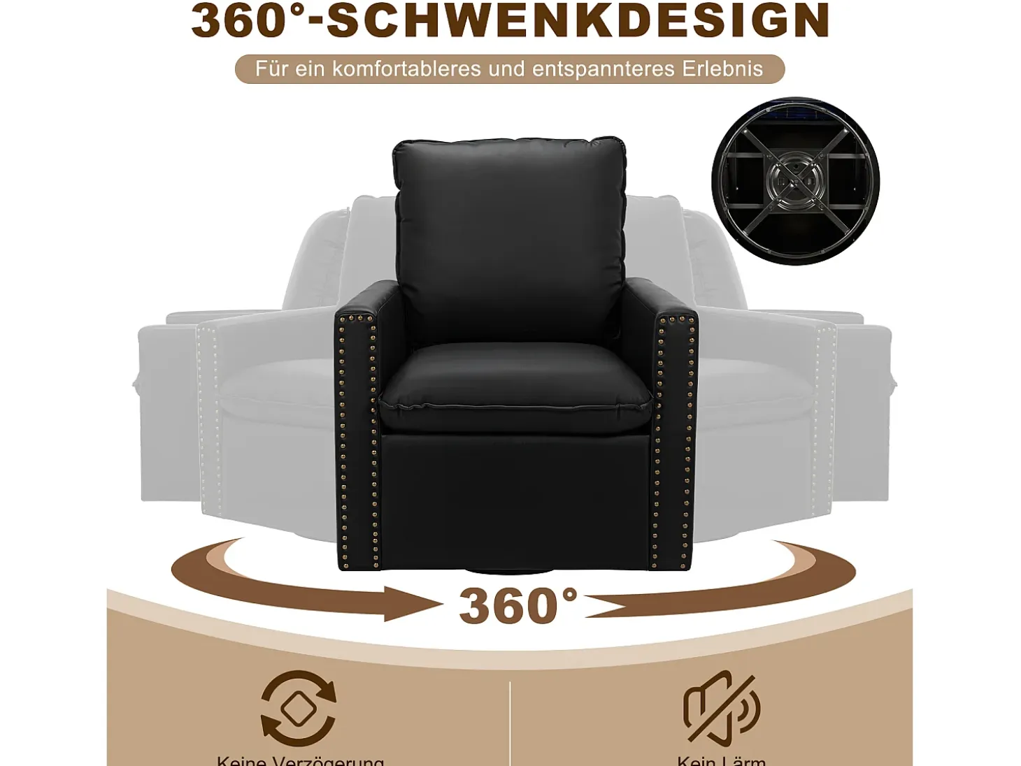 Sillón Individual Giratorio 360°, Butaca Relajante Giratoria con Reposacabezas para Sala de Estar, Dormitorio y Oficina, Grande y Cómodo - Negro
