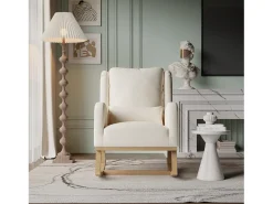 Sillón, mecedora con cojín, silla de ocio, adecuada para sala de estar, dormitorio, balcón, lino, beige.