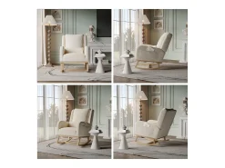 Sillón, mecedora con cojín, silla de ocio, adecuada para sala de estar, dormitorio, balcón, lino, beige.