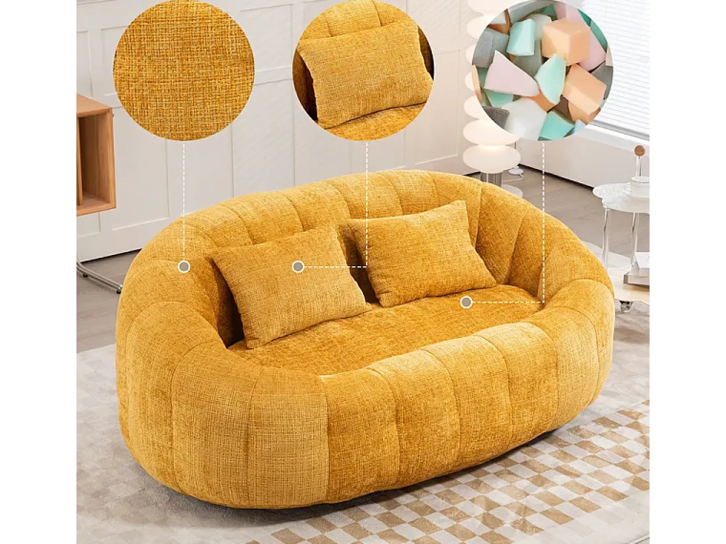 Sillón Perezoso de Chenilla - 2 Plazas - con 2 Cojines - 62cm Profundidad de Asiento - Carga Máx. 250kg - Amarillo