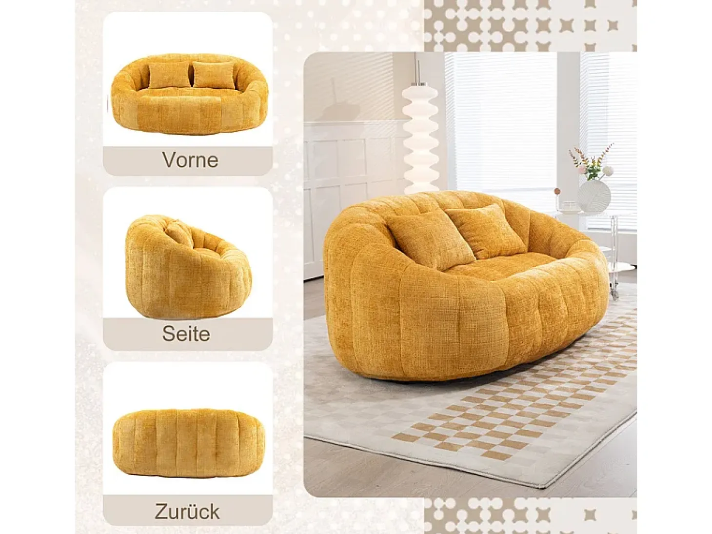 Sillón Perezoso de Chenilla - 2 Plazas - con 2 Cojines - 62cm Profundidad de Asiento - Carga Máx. 250kg - Amarillo
