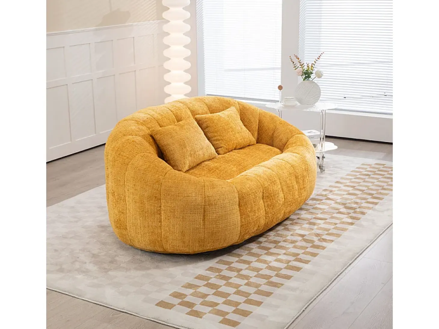 Sillón Perezoso de Chenilla - 2 Plazas - con 2 Cojines - 62cm Profundidad de Asiento - Carga Máx. 250kg - Amarillo