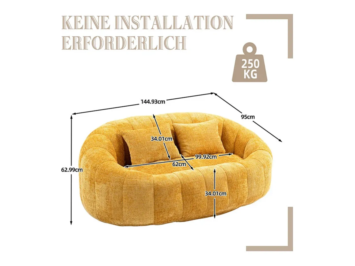 Sillón Perezoso de Chenilla - 2 Plazas - con 2 Cojines - 62cm Profundidad de Asiento - Carga Máx. 250kg - Amarillo