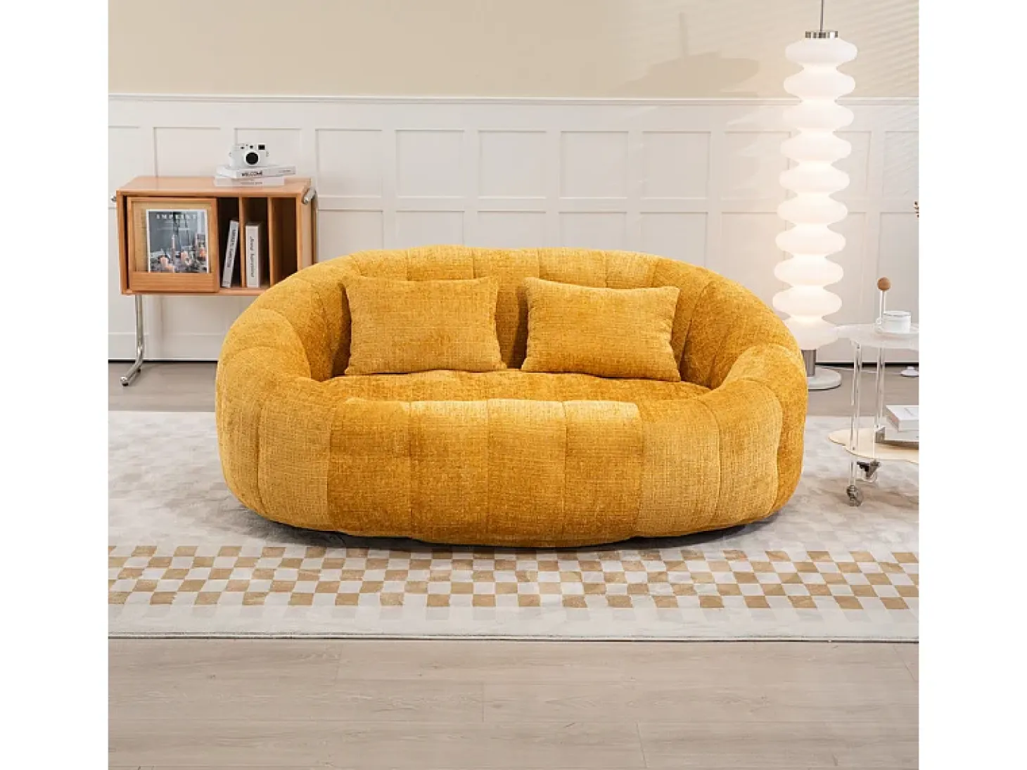 Sillón Perezoso de Chenilla - 2 Plazas - con 2 Cojines - 62cm Profundidad de Asiento - Carga Máx. 250kg - Amarillo