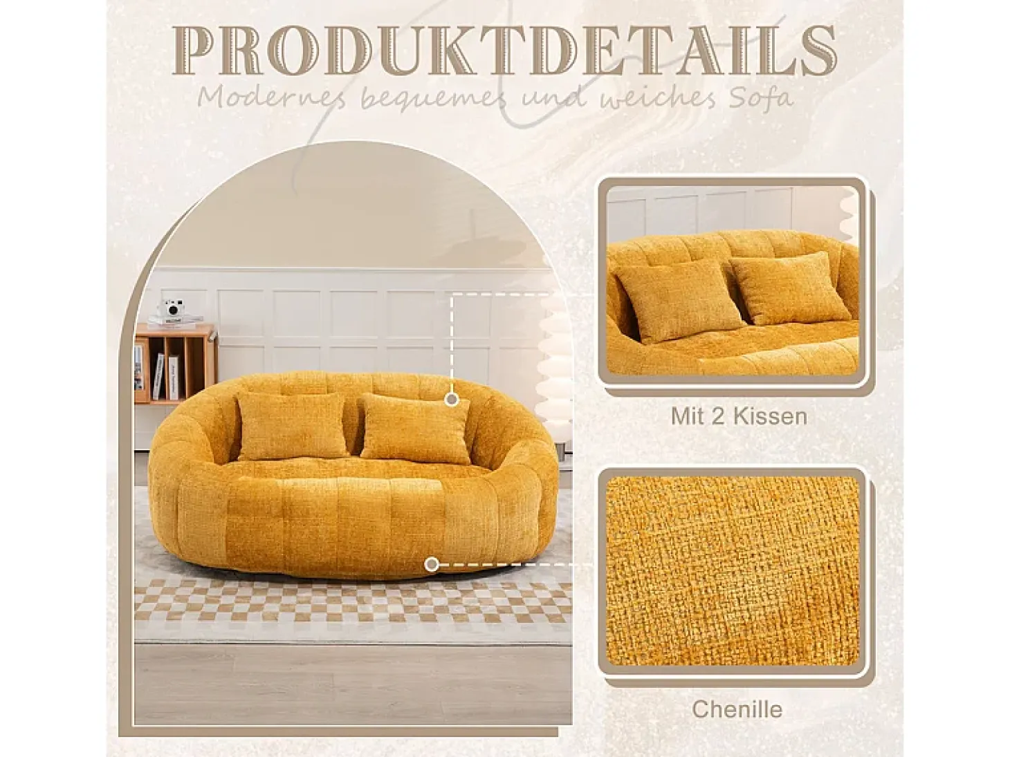 Sillón Perezoso de Chenilla - 2 Plazas - con 2 Cojines - 62cm Profundidad de Asiento - Carga Máx. 250kg - Amarillo
