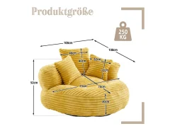Sillón puf de pana - Con 3 cojines - Amarillo mostaza