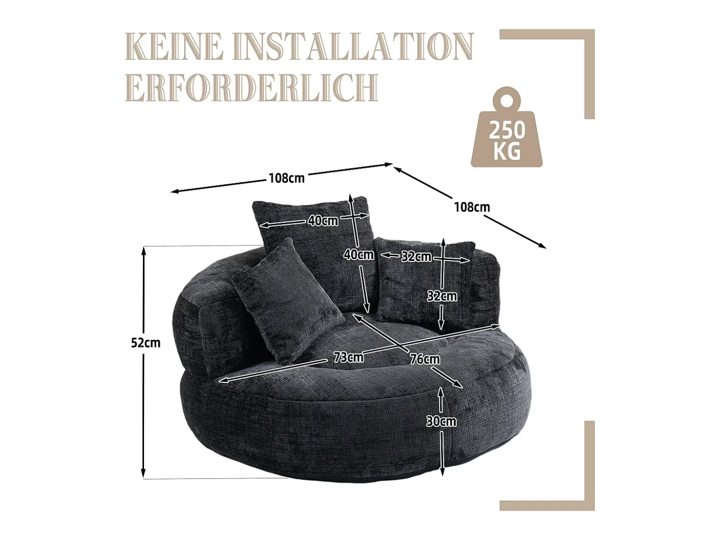 Sillón relax con respaldo alto y asiento de chenilla negra, para adultos y niños (108 x 108 x 52 cm)