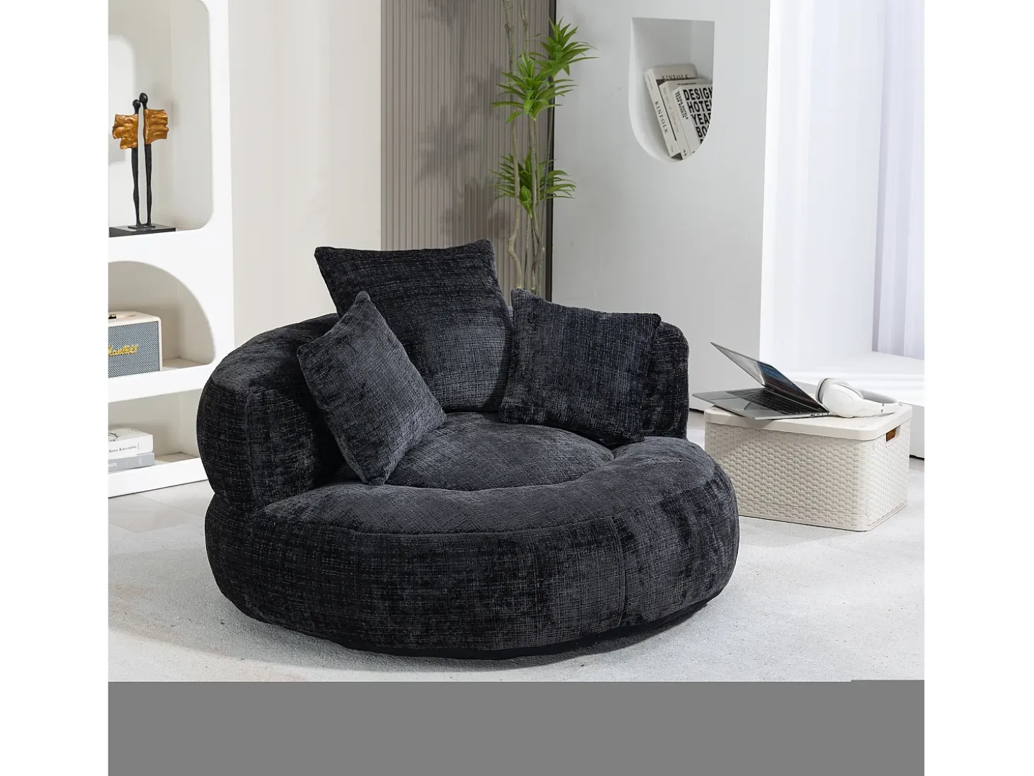Sillón relax con respaldo alto y asiento de chenilla negra, para adultos y niños (108 x 108 x 52 cm)