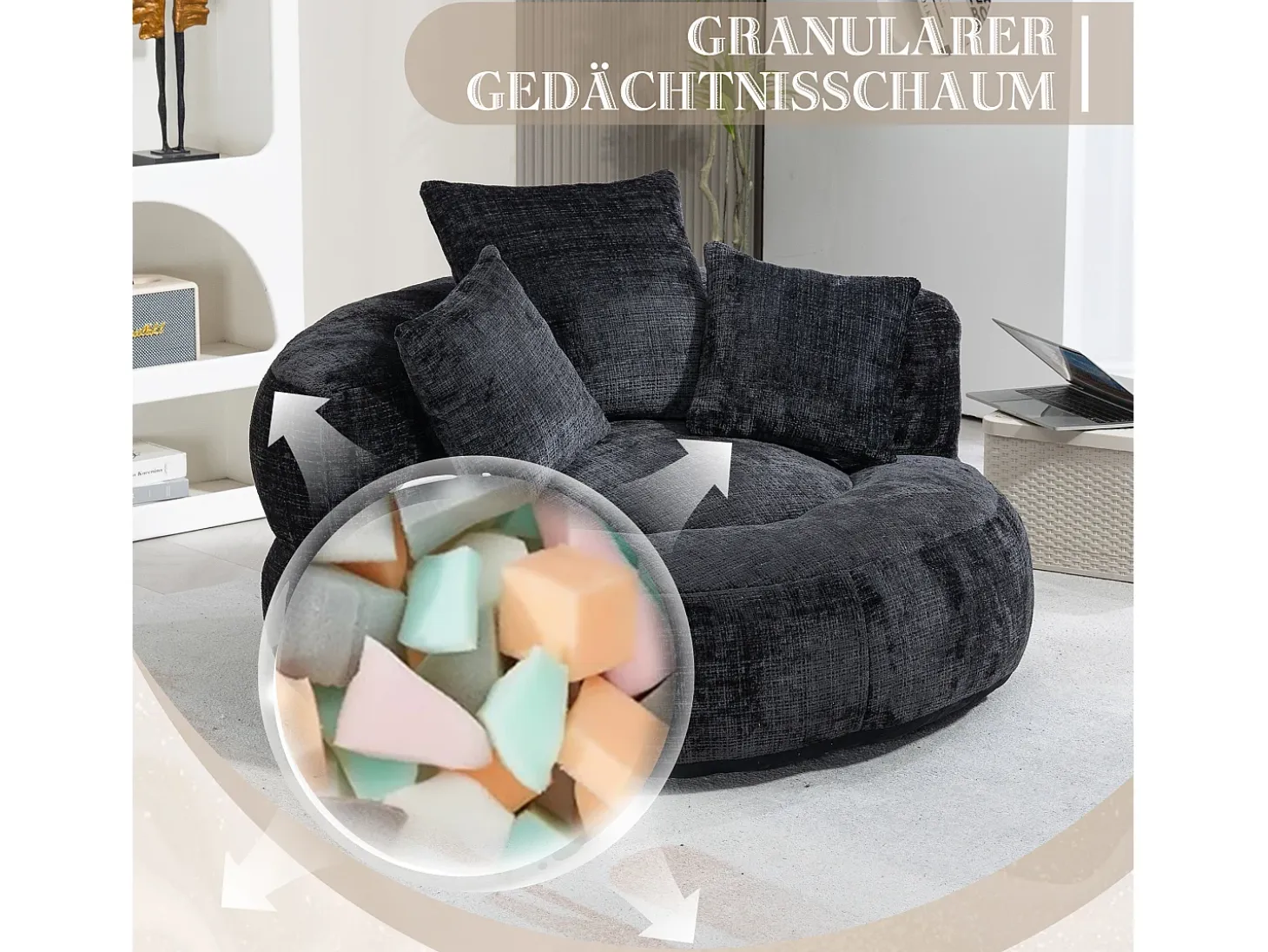 Sillón relax con respaldo alto y asiento de chenilla negra, para adultos y niños (108 x 108 x 52 cm)