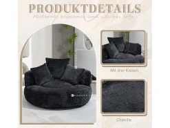 Sillón relax con respaldo alto y asiento de chenilla negra, para adultos y niños (108 x 108 x 52 cm)