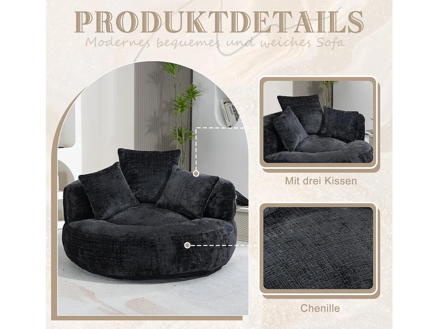 Sillón relax con respaldo alto y asiento de chenilla negra, para adultos y niños (108 x 108 x 52 cm)