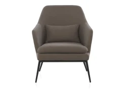 Sillón tapizado color topo con cojín y patas de metal negras