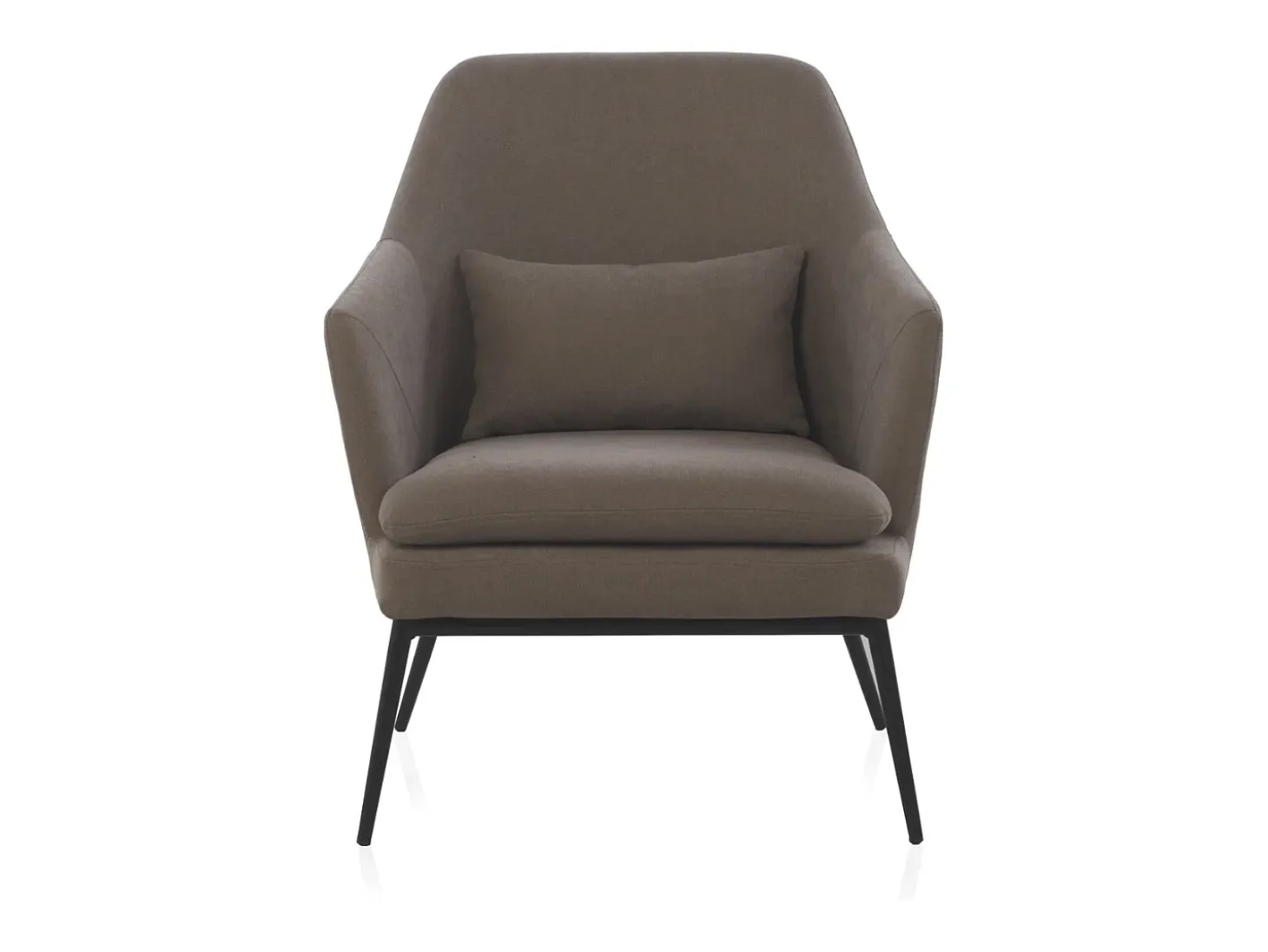 Sillón tapizado color topo con cojín y patas de metal negras