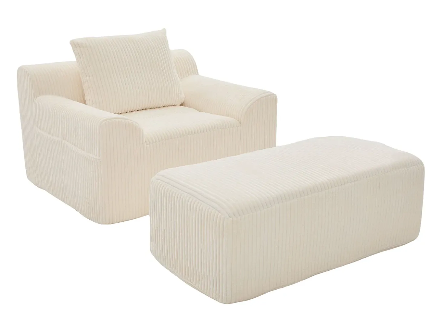 Sillón tapizado en pana con estribo, bolsillos laterales y cojines - Beige