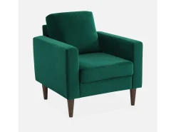 Sillón vintage de terciopelo con patas de madera verde ingles