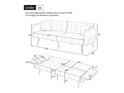 Sofá 2 plazas - Sofá recto con respaldo de 3 posiciones y reposabrazos de 6 posiciones - terciopelo gris - para el salón