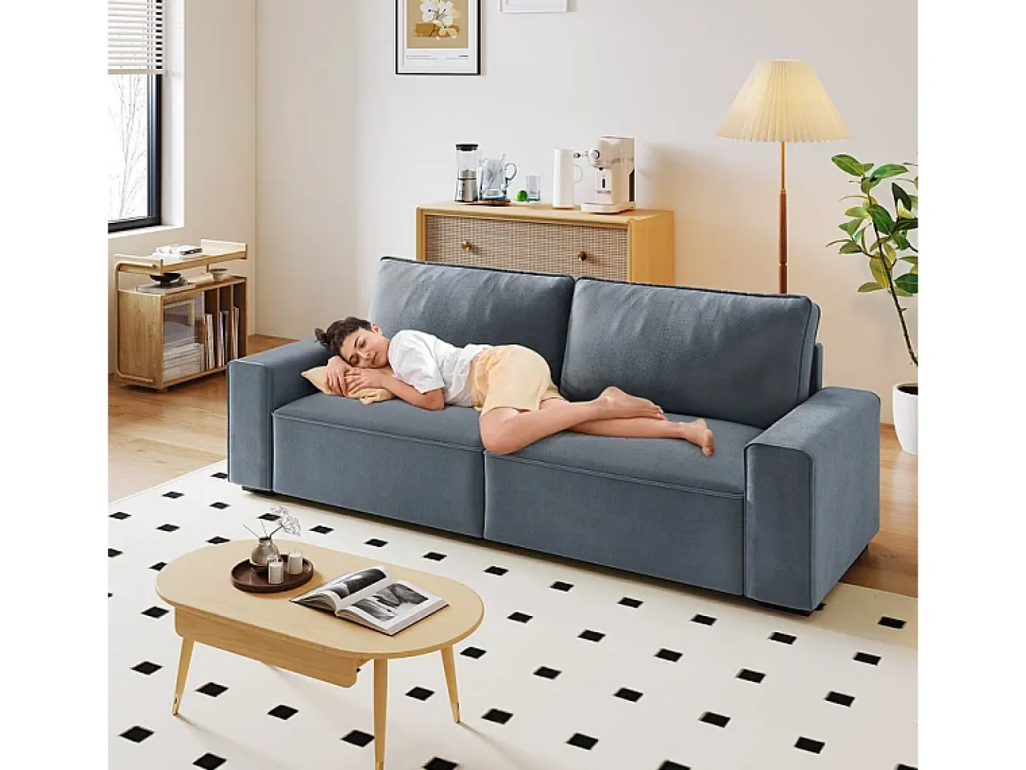 Sofá 3 plazas chenilla gris - con reposabrazos anchos - 220 x 83 x 88 cm
