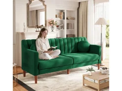 Sofá 3 plazas de terciopelo - patas de madera maciza 19cm - con 2 cojines - 206x74x83cm - Verde