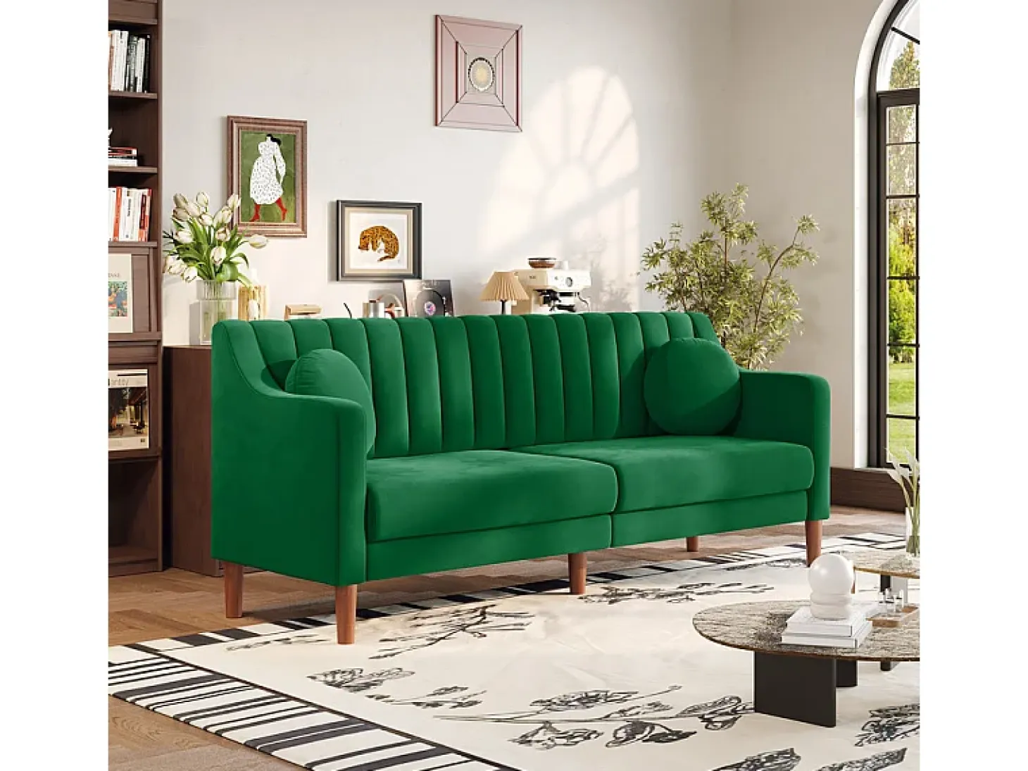 Sofá 3 plazas de terciopelo - patas de madera maciza 19cm - con 2 cojines - 206x74x83cm - Verde