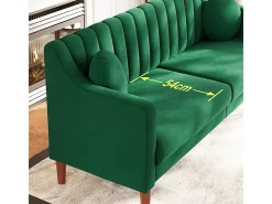 Sofá 3 plazas de terciopelo - patas de madera maciza 19cm - con 2 cojines - 206x74x83cm - Verde