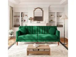 Sofá 3 plazas de terciopelo - patas de madera maciza 19cm - con 2 cojines - 206x74x83cm - Verde
