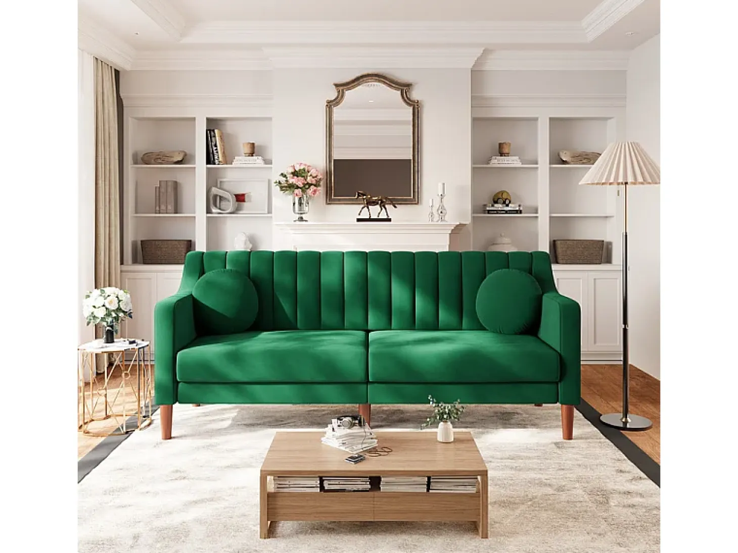 Sofá 3 plazas de terciopelo - patas de madera maciza 19cm - con 2 cojines - 206x74x83cm - Verde