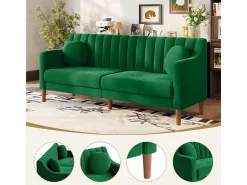 Sofá 3 plazas de terciopelo - patas de madera maciza 19cm - con 2 cojines - 206x74x83cm - Verde