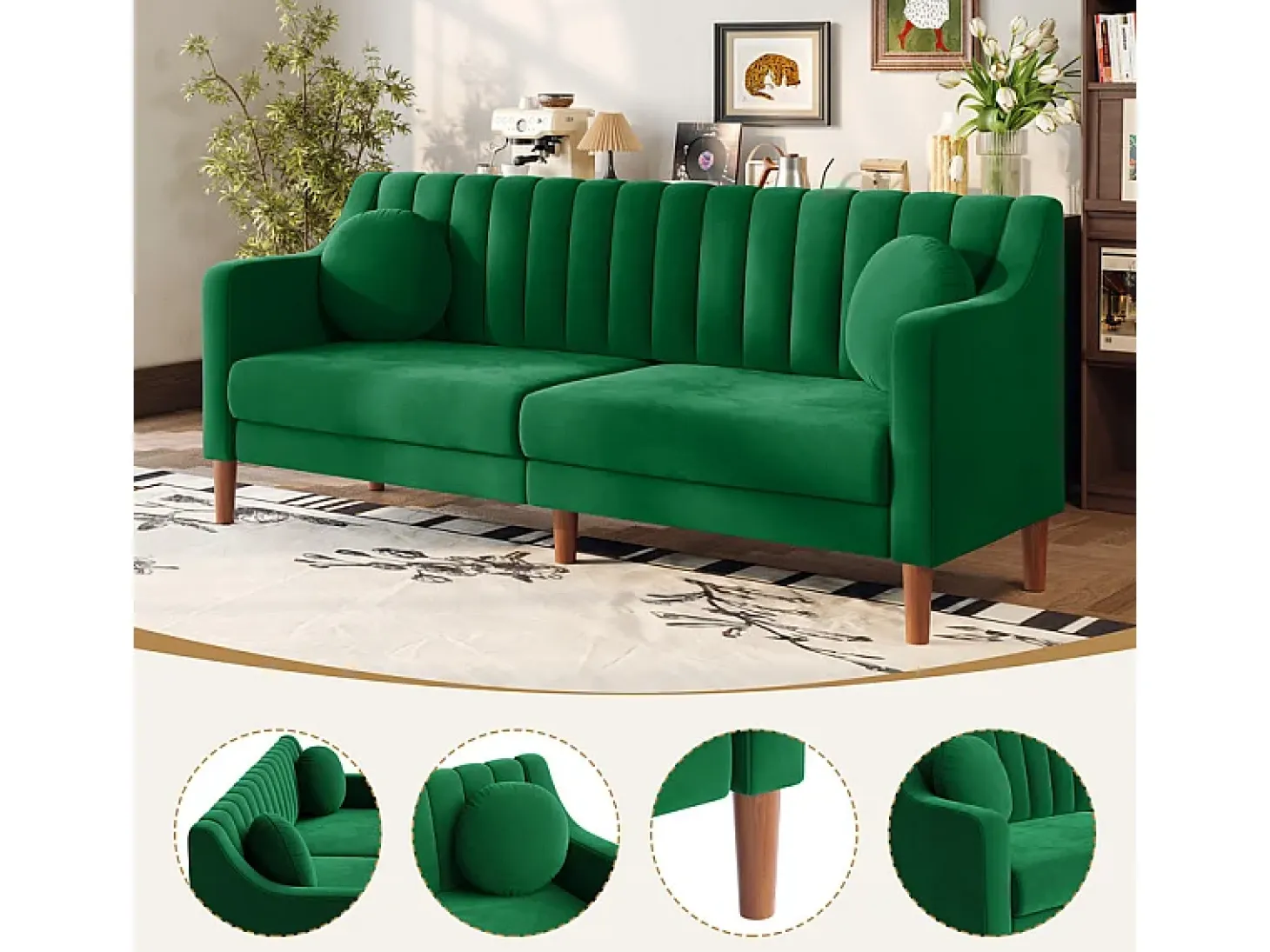 Sofá 3 plazas de terciopelo - patas de madera maciza 19cm - con 2 cojines - 206x74x83cm - Verde
