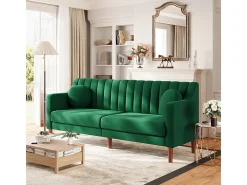 Sofá 3 plazas de terciopelo - patas de madera maciza 19cm - con 2 cojines - 206x74x83cm - Verde