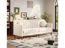 Sofá 3 plazas de terciopelo - patas de madera maciza 19cm - con 2 cojines - 206x74x83cm - Beige