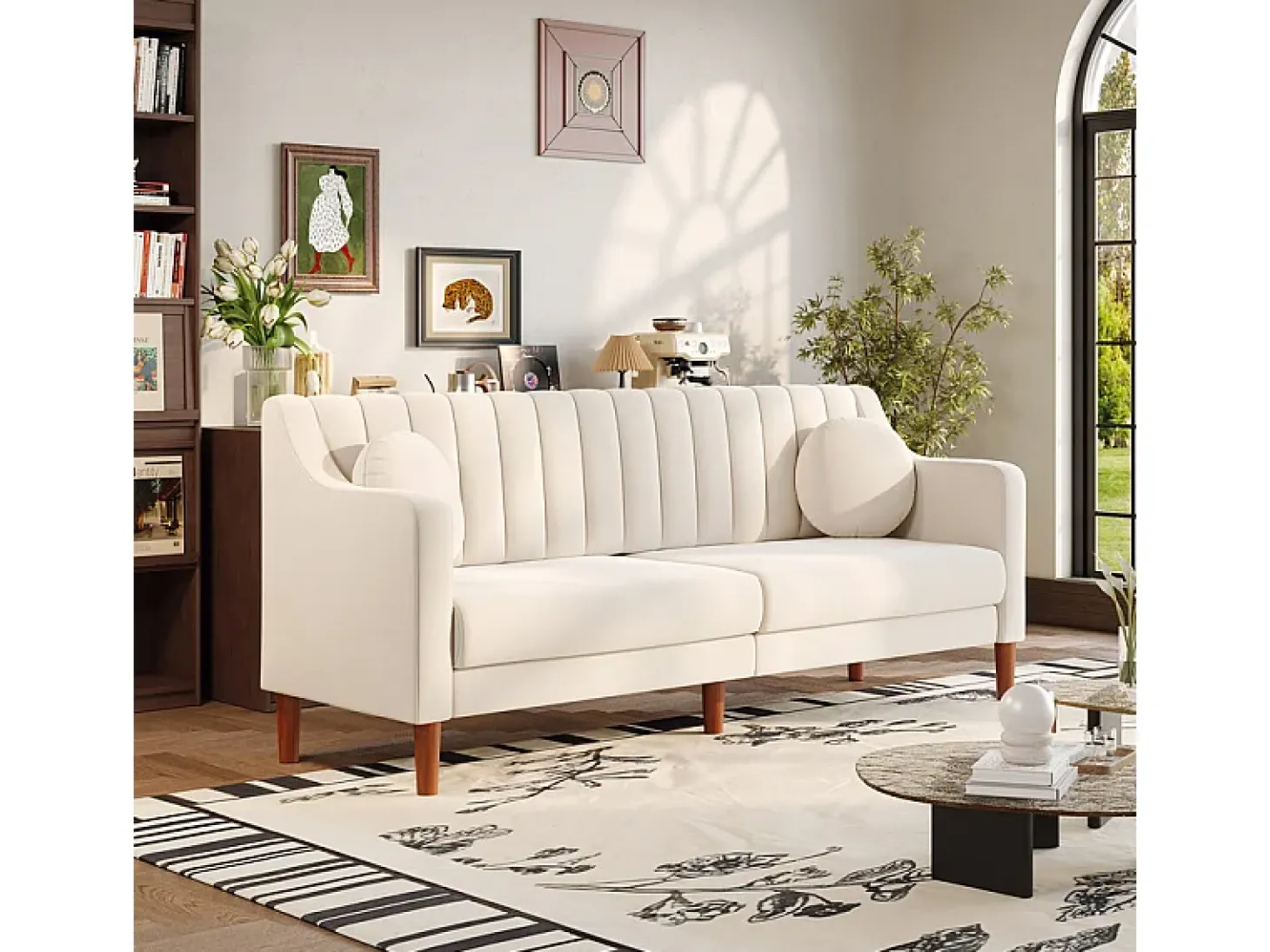 Sofá 3 plazas de terciopelo - patas de madera maciza 19cm - con 2 cojines - 206x74x83cm - Beige