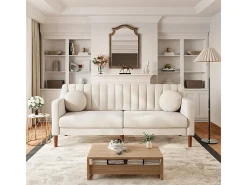 Sofá 3 plazas de terciopelo - patas de madera maciza 19cm - con 2 cojines - 206x74x83cm - Beige