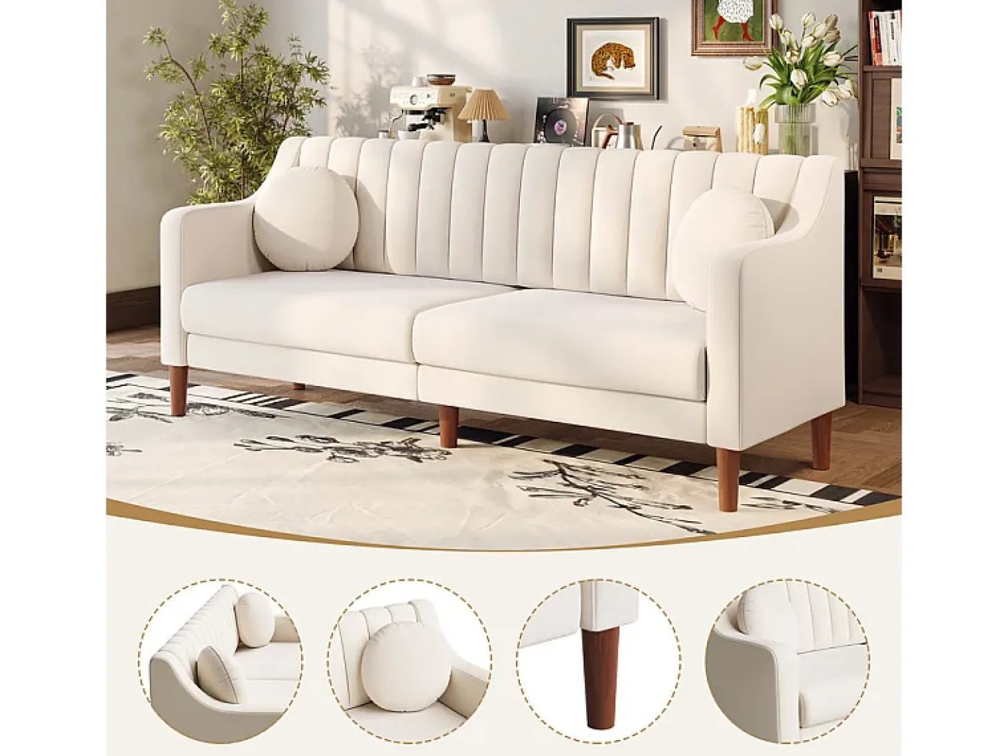 Sofá 3 plazas de terciopelo - patas de madera maciza 19cm - con 2 cojines - 206x74x83cm - Beige