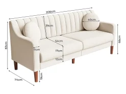 Sofá 3 plazas de terciopelo - patas de madera maciza 19cm - con 2 cojines - 206x74x83cm - Beige