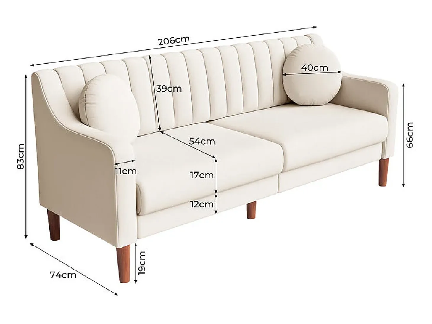 Sofá 3 plazas de terciopelo - patas de madera maciza 19cm - con 2 cojines - 206x74x83cm - Beige