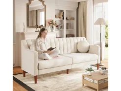 Sofá 3 plazas de terciopelo - patas de madera maciza 19cm - con 2 cojines - 206x74x83cm - Beige
