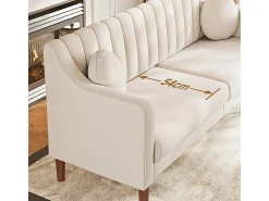 Sofá 3 plazas de terciopelo - patas de madera maciza 19cm - con 2 cojines - 206x74x83cm - Beige