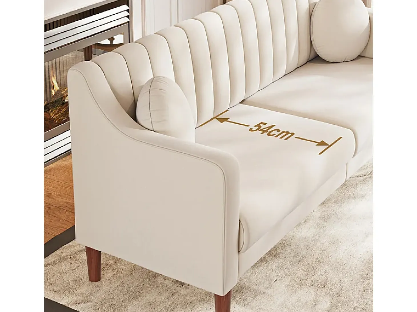 Sofá 3 plazas de terciopelo - patas de madera maciza 19cm - con 2 cojines - 206x74x83cm - Beige