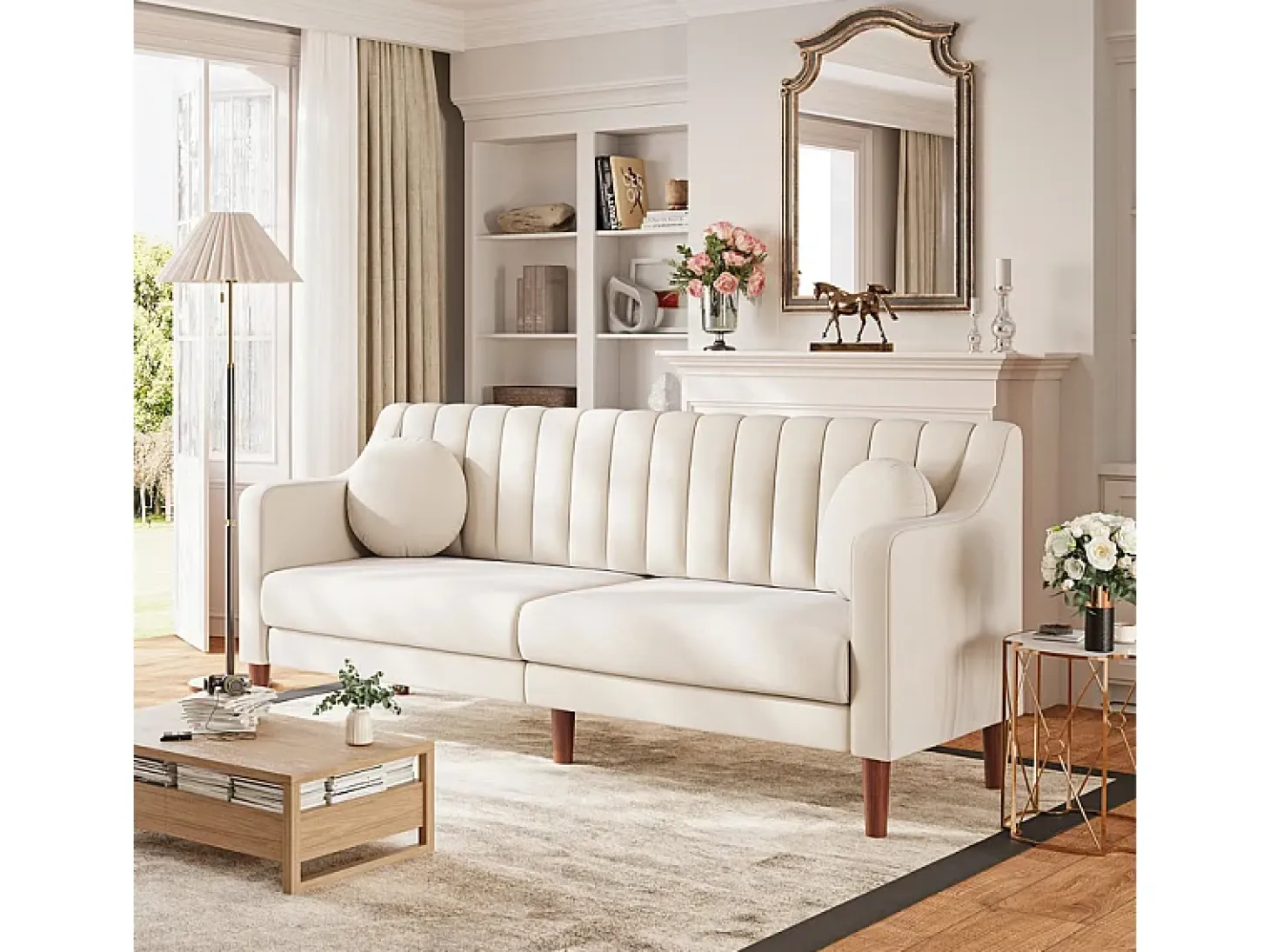 Sofá 3 plazas de terciopelo - patas de madera maciza 19cm - con 2 cojines - 206x74x83cm - Beige