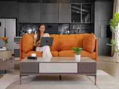 Sofá 2/3 plazas en imitación de piel, con 56 cm de profundidad y cómoda cojines de asiento, 185x76x90 cm, naranja