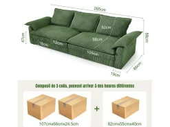 Sofá 3 plazas en pana, con 2 cojines de brazo, desmontables y lavables, 265x86x88cm, Verde