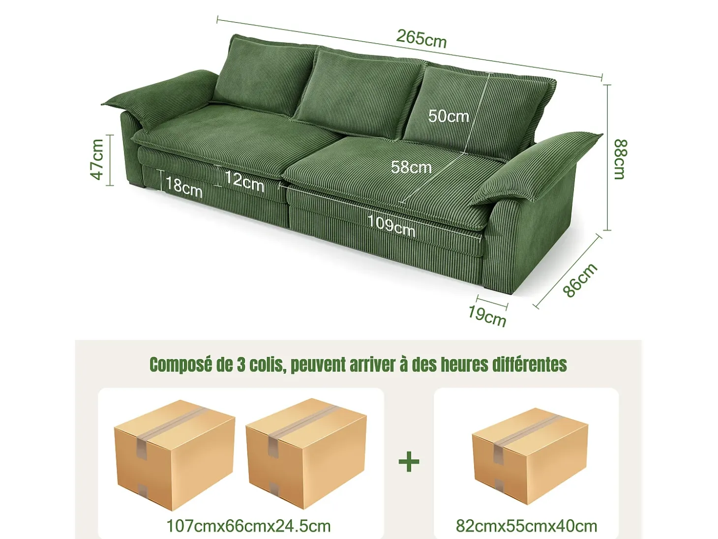 Sofá 3 plazas en pana, con 2 cojines de brazo, desmontables y lavables, 265x86x88cm, Verde
