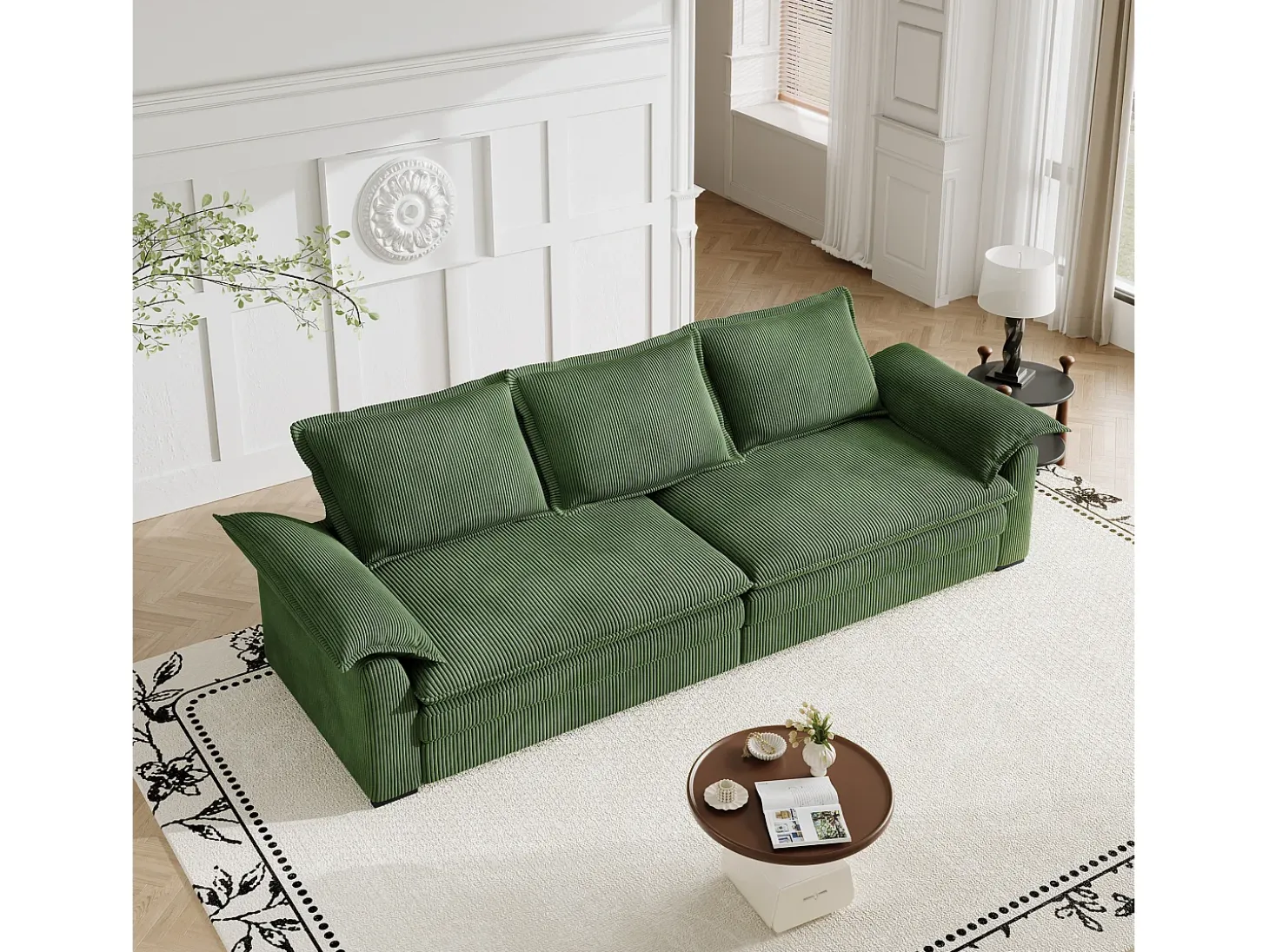 Sofá 3 plazas en pana, con 2 cojines de brazo, desmontables y lavables, 265x86x88cm, Verde